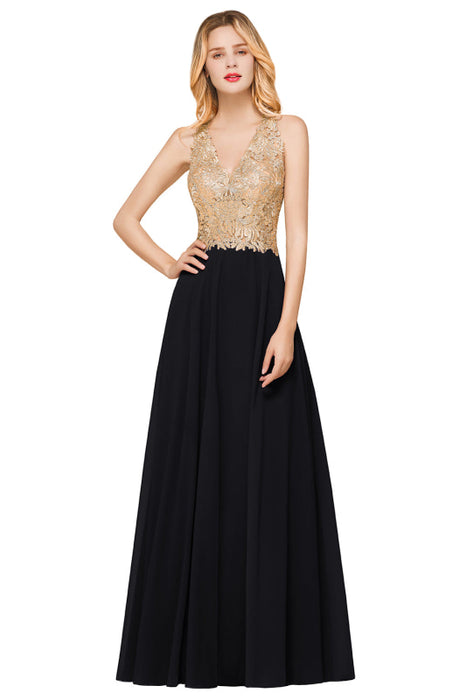 Elegant V-Neck Chiffon Long Evening Dress Sleeveless Gold Appliques Aline Special Occasion Dress - Prom Dresses