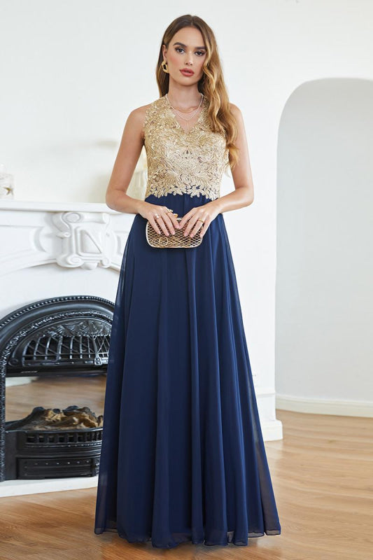 Elegant V-Neck Chiffon Long Evening Dress Sleeveless Gold Appliques Aline Special Occasion Dress - Dark Navy / US 2 - Prom Dresses