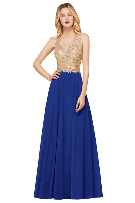 Elegant V-Neck Chiffon Long Evening Dress Sleeveless Gold Appliques Aline Special Occasion Dress - Prom Dresses