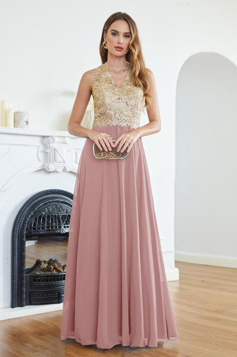 Elegant V-Neck Chiffon Long Evening Dress Sleeveless Gold Appliques Aline Special Occasion Dress - Dusty Pink / US 2 - Prom Dresses