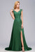 Bridelily Elegant V-Neck Dark Green Lace Bridesmaid Dresses with Front-Slit