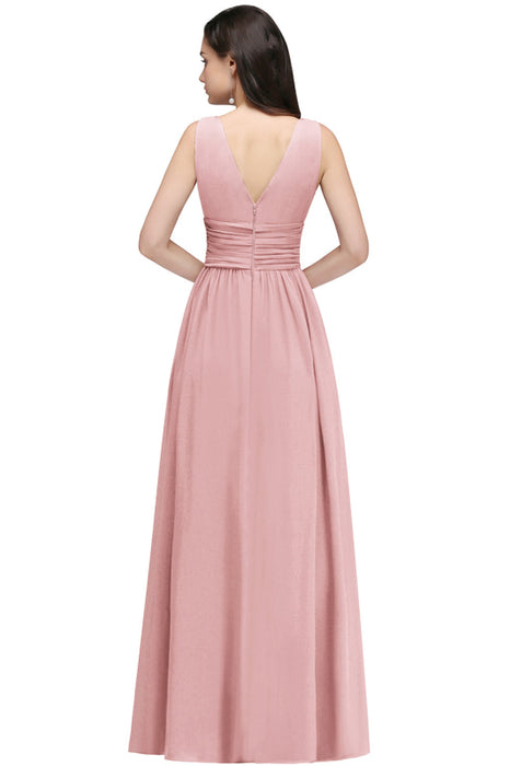 Elegant V-Neck Ruffle Chiffon Aline Bridesmaid Dress Sleeveless Long Evening Party Dress - Prom Dresses