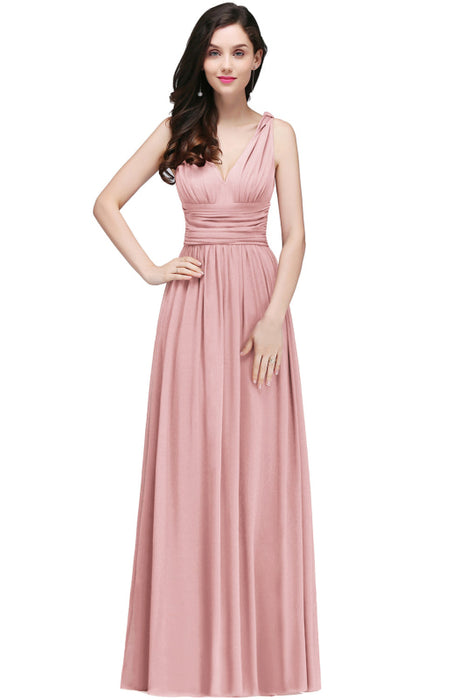 Elegant V-Neck Ruffle Chiffon Aline Bridesmaid Dress Sleeveless Long Evening Party Dress - Dusty Pink / US 2 - Prom Dresses