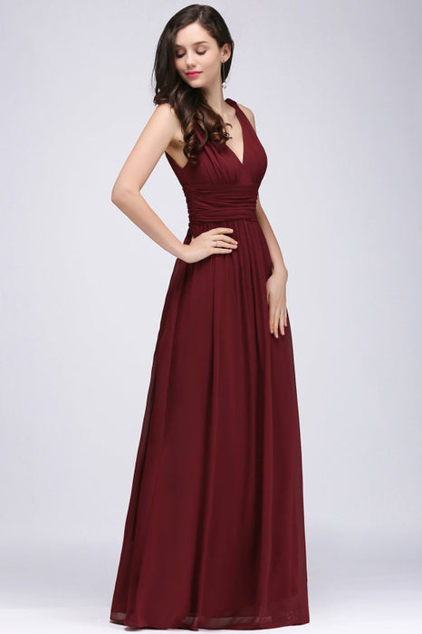 Elegant V-Neck Ruffle Chiffon Aline Bridesmaid Dress Sleeveless Long Evening Party Dress - Burgundy / US 2 - Prom Dresses