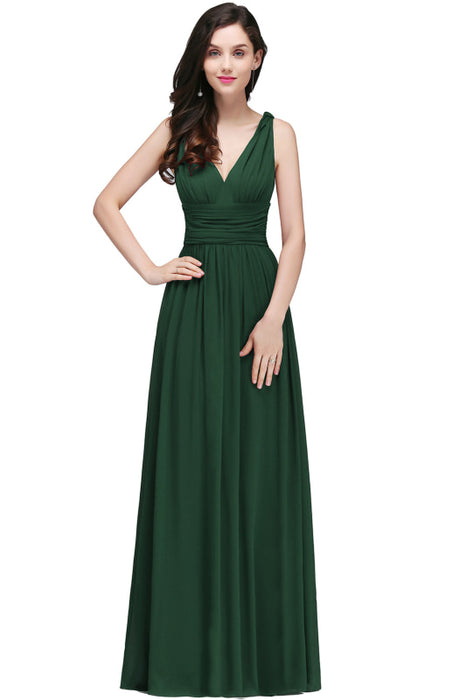 Elegant V-Neck Ruffle Chiffon Aline Bridesmaid Dress Sleeveless Long Evening Party Dress - Dark Green / US 2 - Prom Dresses