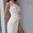 Elegant White Long Prom Dress with High Split Sequin Applique Mermaid Style