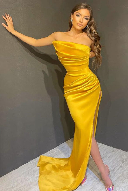 Elegant Yellow Strapless Sleeveless Mermaid Prom Dress with Split On Sale