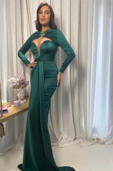 Emerald Green Long Sleeve V-Neck Prom Dress