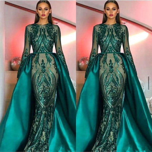 Emerald Green Long Sleeves Mermaid Sequins Prom Dress with Detachable Skirt