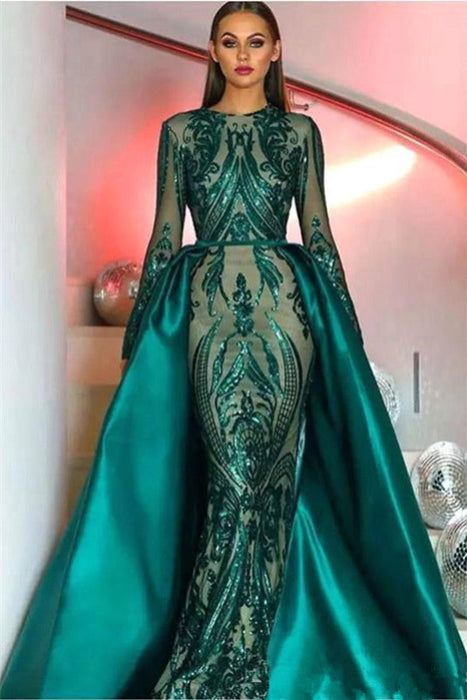 Emerald Green Long Sleeves Mermaid Sequins Prom Dress with Detachable Skirt