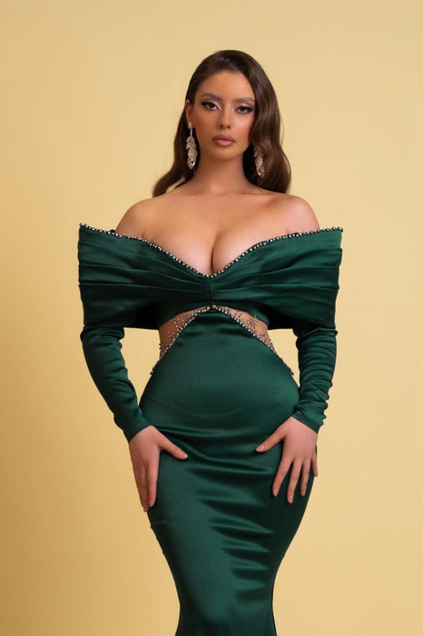 Emerald Green Off-the-Shoulder Charmeuse V Neck Mermaid Prom Dress