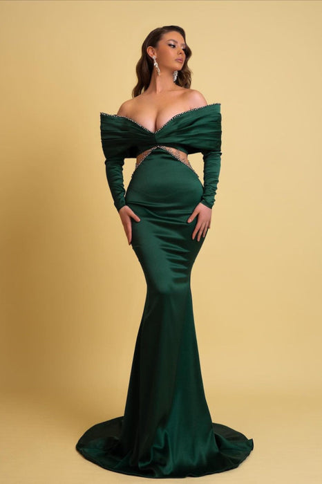 Emerald Green Off-the-Shoulder Charmeuse V Neck Mermaid Prom Dress