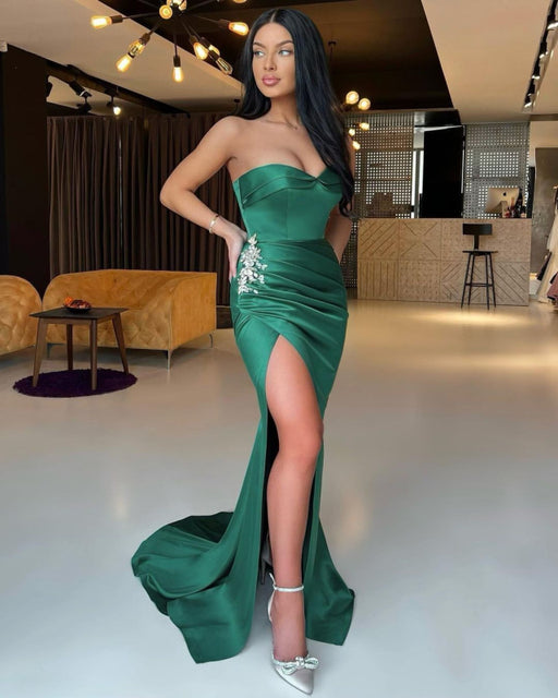 Emerald Green Sweetheart Sleeveless Mermaid Prom Dress with Split and Rhinestones