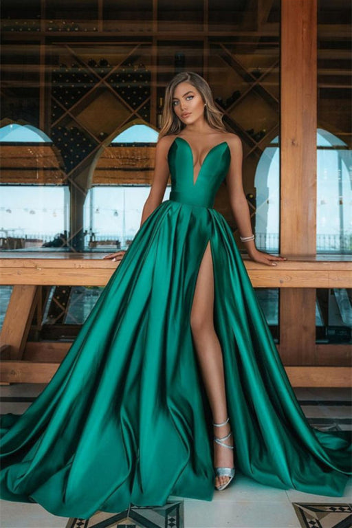 Emerald Green V-Neck Prom Dress Long with Split