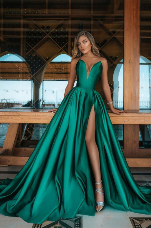 Emerald Green V-Neck Prom Dress Long with Split