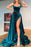 Emerald Green Velvet Prom Dress With High Slit Trail