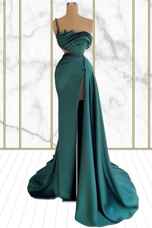 Emerald One Shoulder Mermaid Prom Dress with Rhinestone and Split