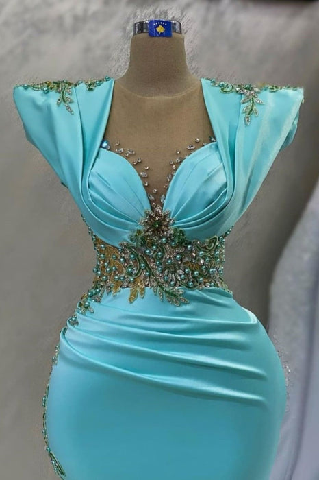 Emerald Satin Prom Dress Sleeves Applikation Long Mermaid