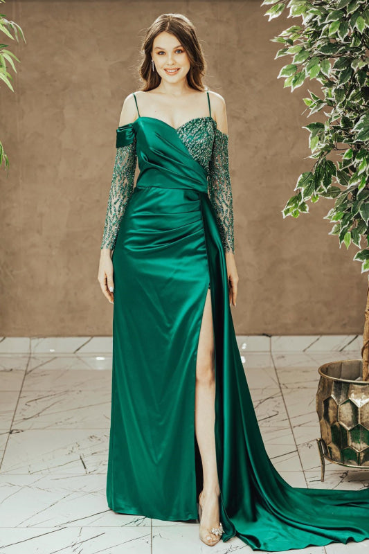 Emerald Spaghetti-Strap Off-the-Shoulder Sequined Prom Dress with Pleated Slit