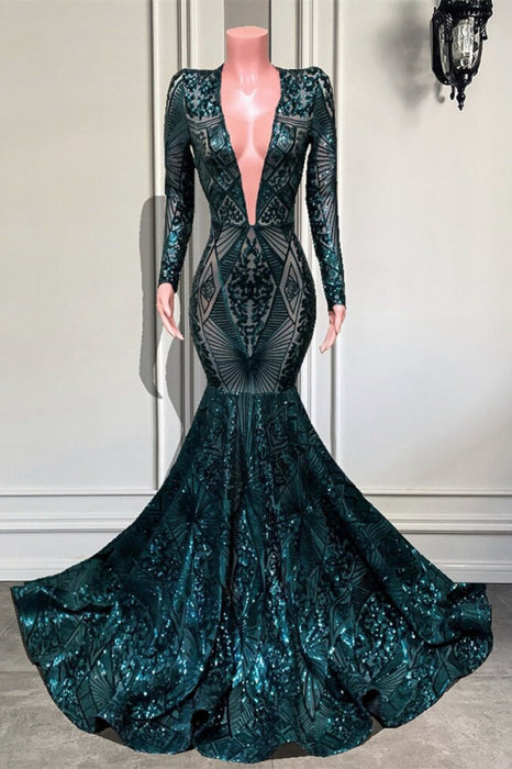 Emerald V-Neck Long Sleeves Sequins Lace Prom Dress Mermaid