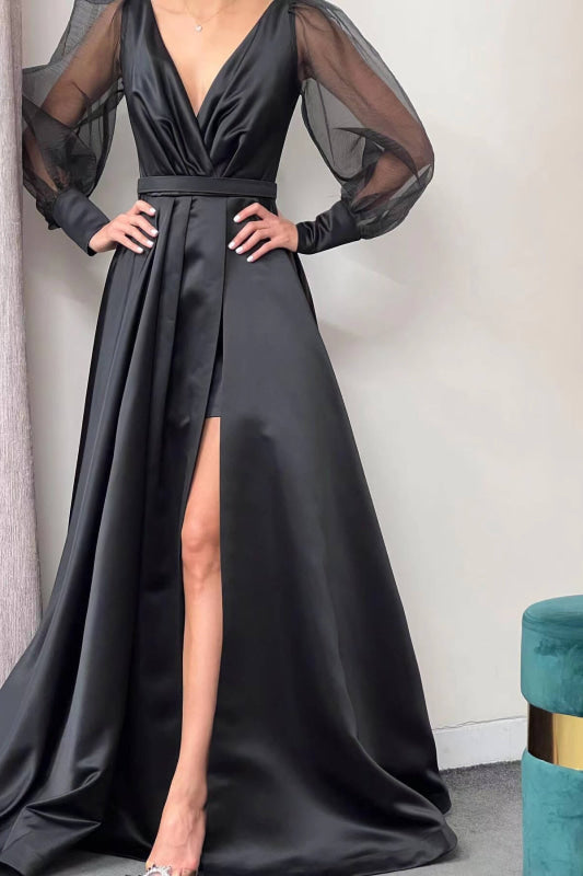 Evening Dress - Long Puff Sleeves A-Line Cut Slit