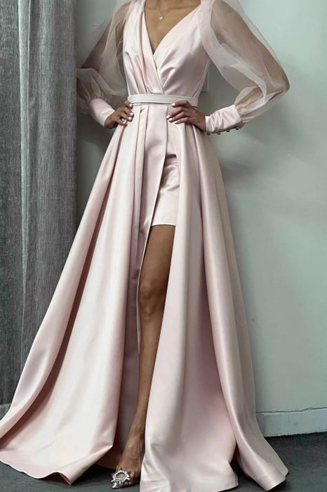 Evening Dress - Long Puff Sleeves A-Line Cut Slit