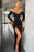 Evening Dress with Off-The-Shoulder Black V-Neck Mermaid Front Split Long Sleeves