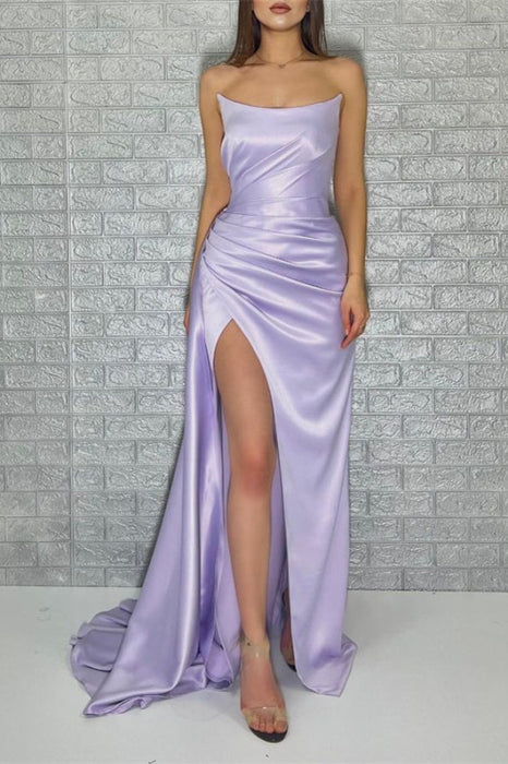 Exquisite Lavender Mermaid Prom Dress Featuring Sleeveless Strapless Design and Elegant Split Detail