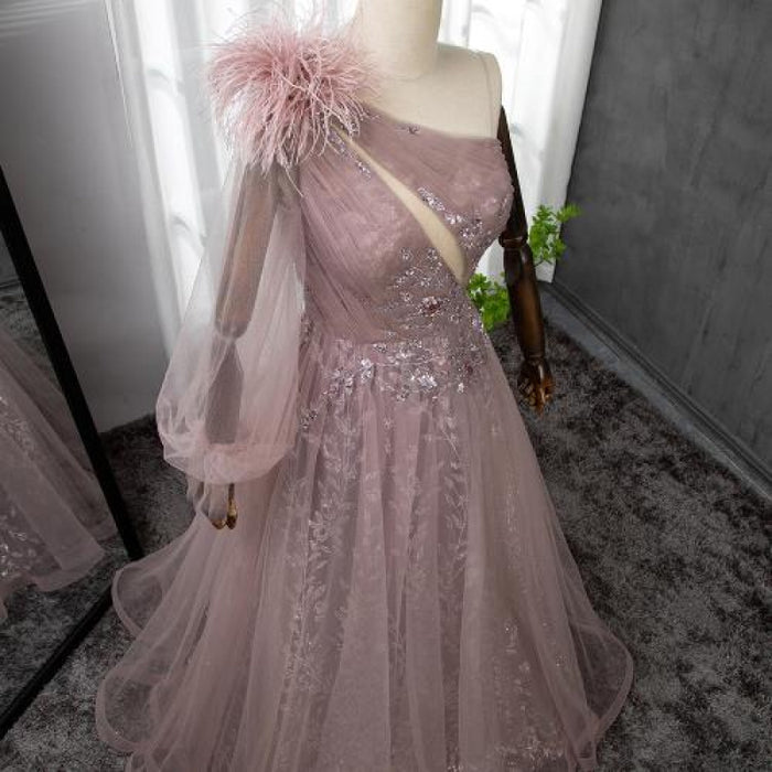 Extreme Pink Sexy One-Shoulder Feather Elegant Evening Dress