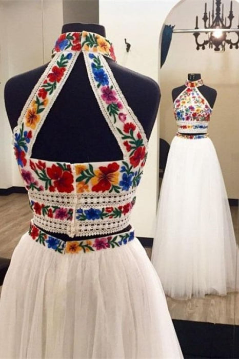 Fabulous Sleek Two Piece High Neck Long Prom with Appliques Unique Sleeveless Party Dress - Prom Dresses