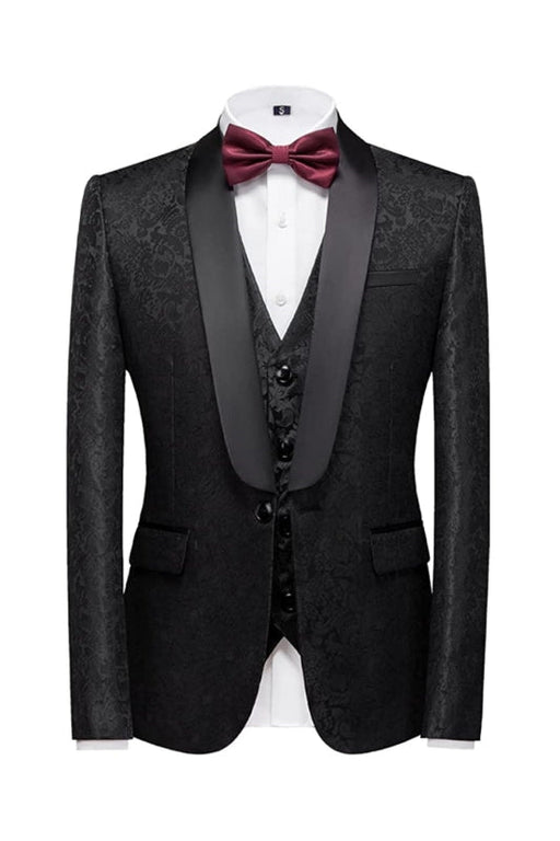 Gregary Fancy Black Jacquard Shawl Lapel Three Pieces Men Suits For Wedding