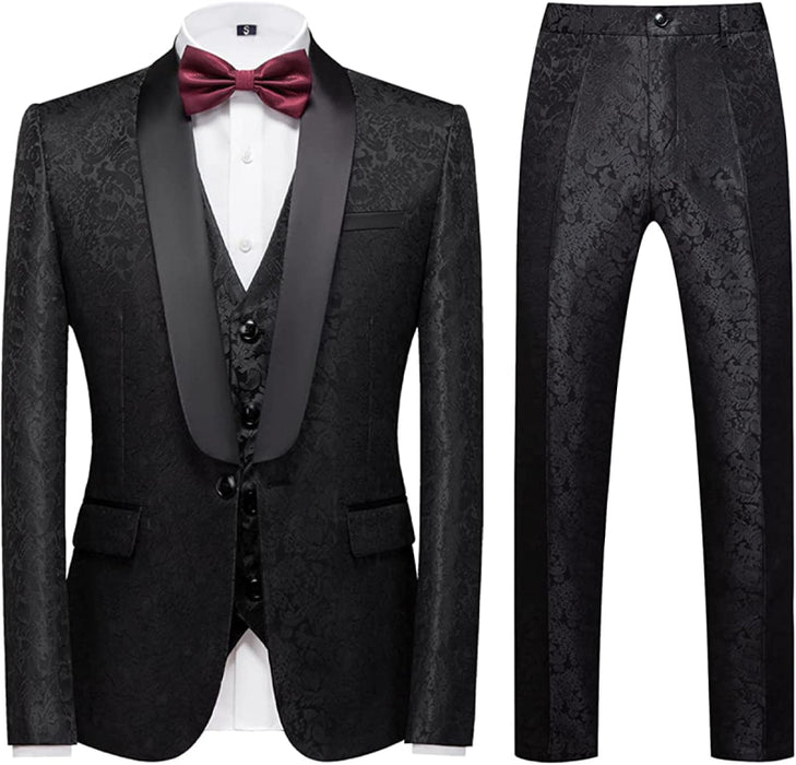 Gregary Fancy Black Jacquard Shawl Lapel Three Pieces Men Suits For Wedding