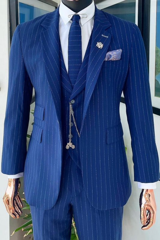 Curitis Blue Striped Peaked Lapel Three Pieces Fancy Business Suits