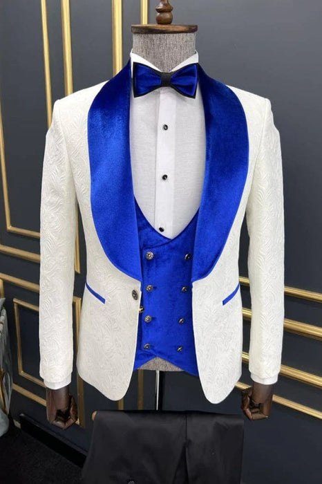 Rod Fancy Blue Velvet Shawl Lapel Three Pieces Jacquard Wedding Suits