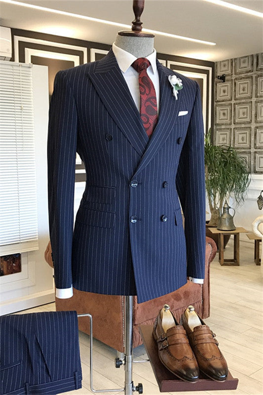 Freddie Fancy Deep Blue Peaked Lapel Double Breasted Striped Business Suits