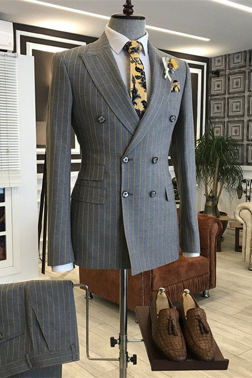 Gabriel Fancy Gray Peaked Lapel Double Breasted Striped Business Suits