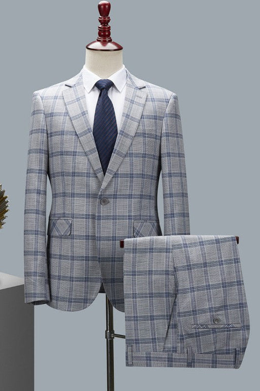 Fancy Gray Plaid Two Pieces Notched Lapel Business Suits For Men