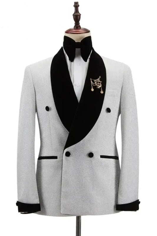 Stewart Fancy White Sequins Double Breasted Wedding Suits With Black Velvet Lapel