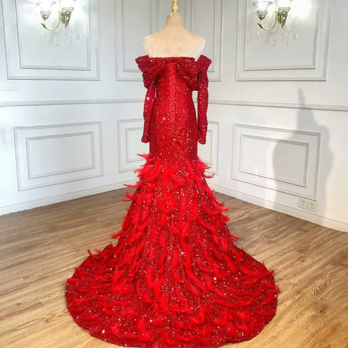 Fashion Red Sequin Prom Dress, Long Sleeves A-Line with Feather