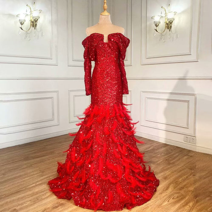 Fashion Red Sequin Prom Dress, Long Sleeves A-Line with Feather