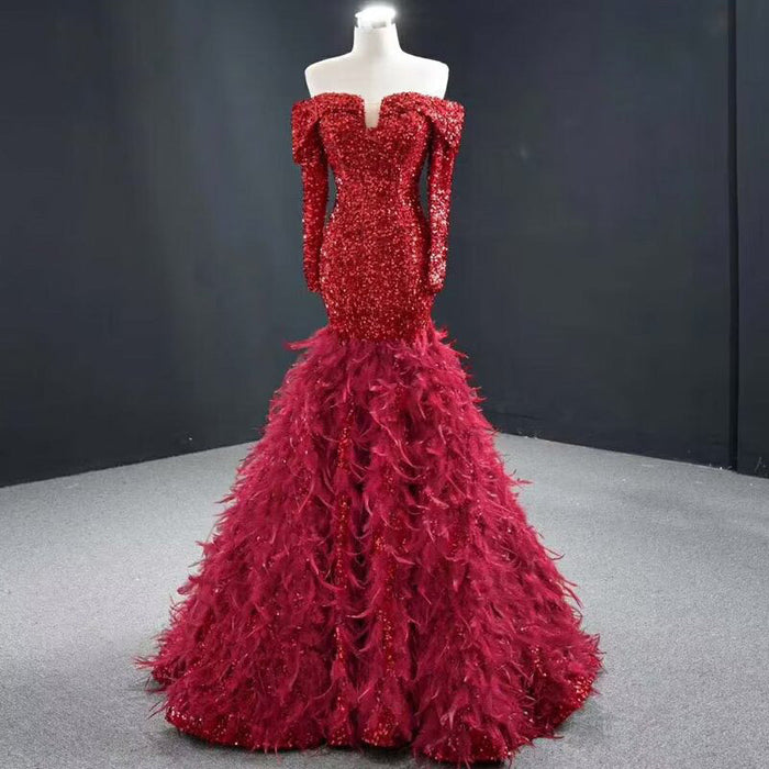 Fashion Red Sequin Prom Dress, Long Sleeves A-Line with Feather