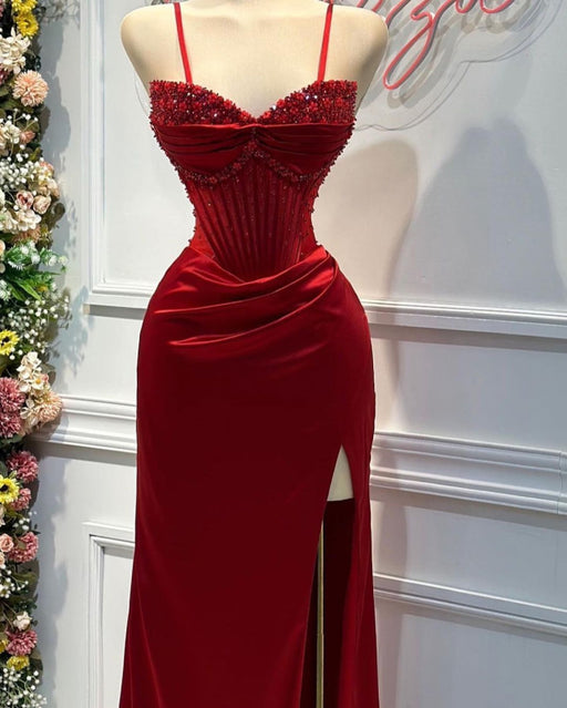 Fashion Red Spaghetti Strap Split Mermaid Prom Dress