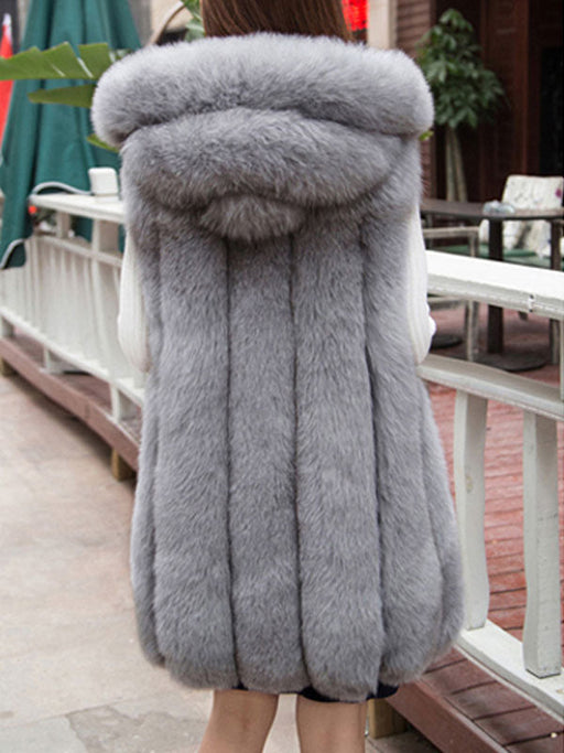 Faux Fur Coats For Women Grey Sleeveless Hooded Short Winter Coat