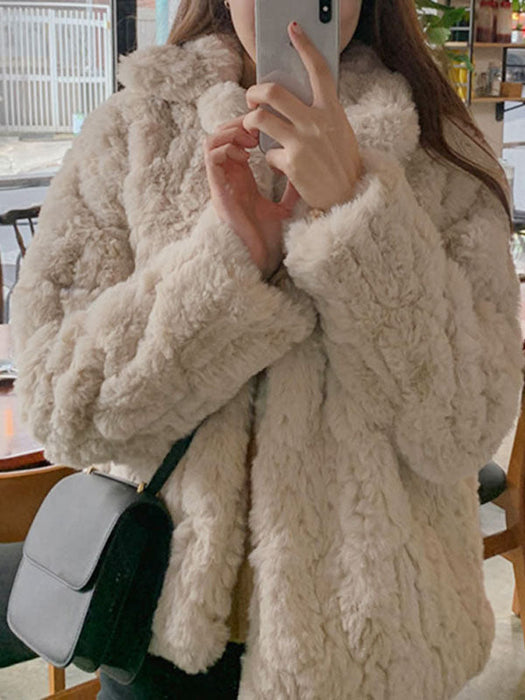 Faux Fur Coats For Women Long Sleeves Casual Turndown Collar Apricot Winter Coat