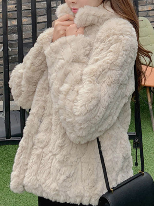 Faux Fur Coats For Women Long Sleeves Casual Turndown Collar Apricot Winter Coat