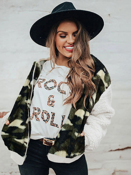 Faux Fur Coats Leopard Long Sleeves Camouflage Faux Fur Coat Zipper Women Coat