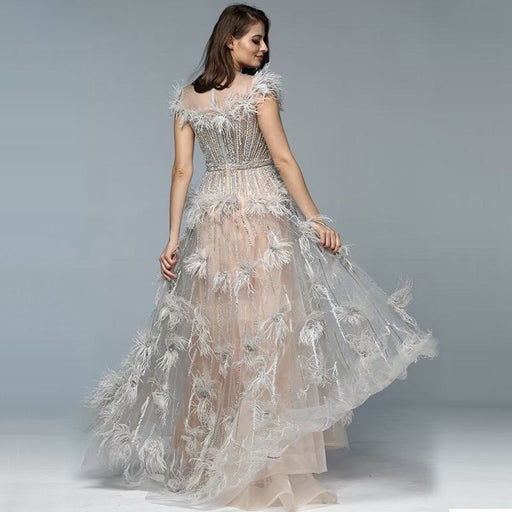 Feather Sequins Applique Prom Dress, A-Line Tulle