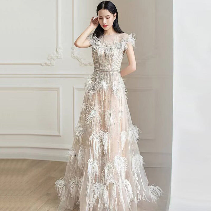 Feather Sequins Applique Prom Dress, A-Line Tulle