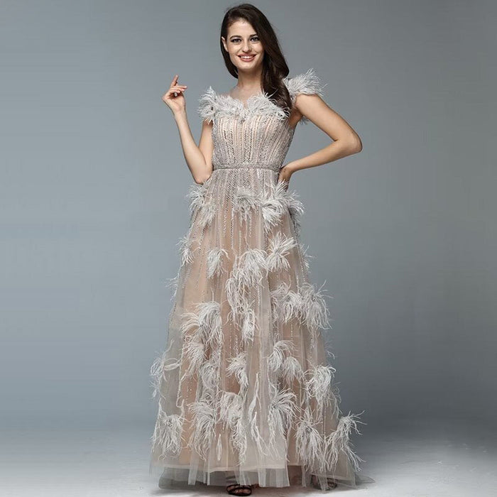 Feather Sequins Applique Prom Dress, A-Line Tulle