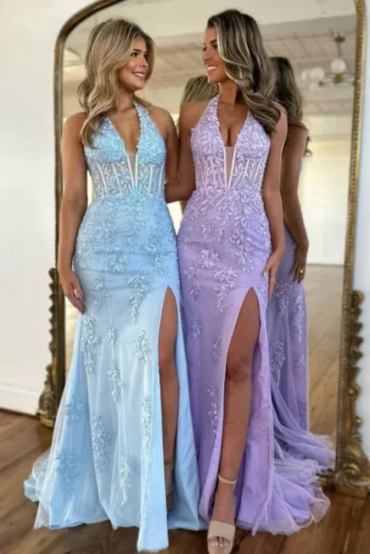 Fitted Lace Blue Prom Dress with Split